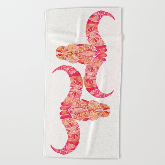 Water Buffalo Skull – Pink Ombré Beach Towel