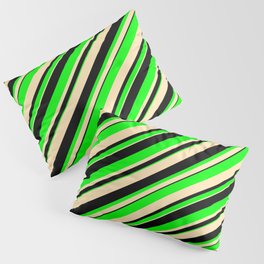 [ Thumbnail: Beige, Black & Lime Colored Lined/Striped Pattern Pillow Sham ]