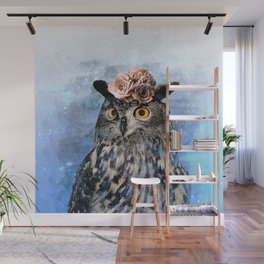 Painting of cute owl with flowers on his head (blue background) - nature Wall Mural