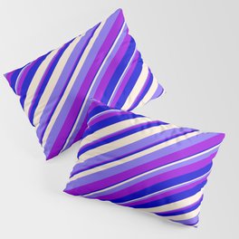 [ Thumbnail: Beige, Medium Slate Blue, Dark Violet & Blue Colored Stripes Pattern Pillow Sham ]