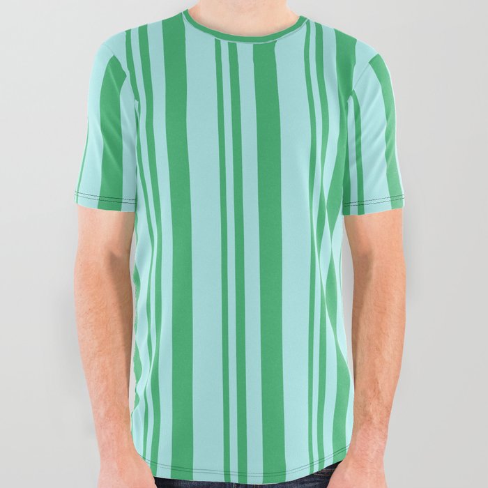 Sea Green and Turquoise Colored Lined/Striped Pattern All Over Graphic Tee