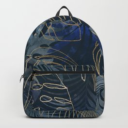 Mystic Jungle Monstera And Palm Leaves Blue And Gold Backpack