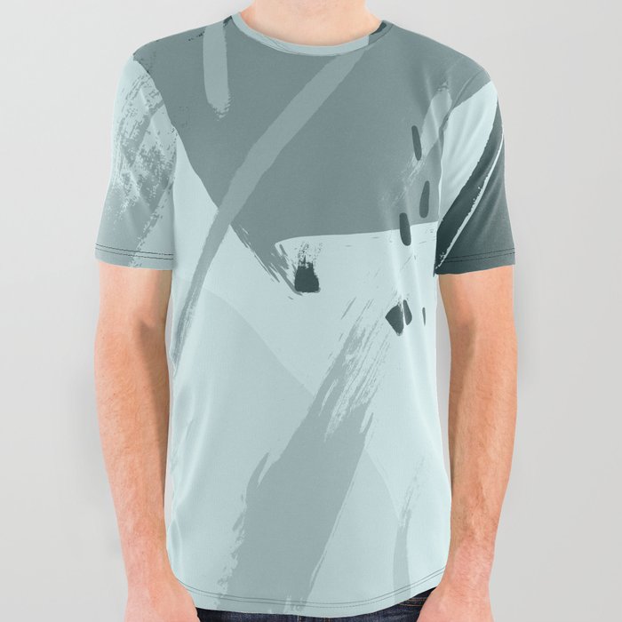 Abstract Mint Forest Green Gradient Acrylic Paint Brushstrokes All Over Graphic Tee