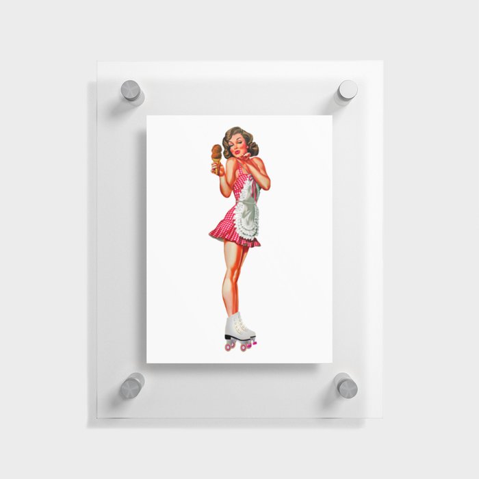 Sexy Brunette Pin Up With Icecream Skates And Maid Dress Floating Acrylic Print