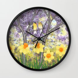 goldfinches, lilacs, & daffodils Wall Clock