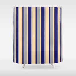 [ Thumbnail: Dark Grey, Midnight Blue & Tan Colored Stripes Pattern Shower Curtain ]