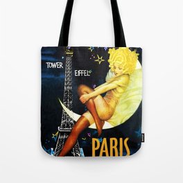 Vintage Paris La Nuit Ville Des Folies Eiffel Tower and Moon Advertising Poster Tote Bag