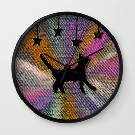 Starburst Kitty - Black Cat with Gold Stars and Rainbow Embroidery Wall Clock