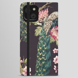 Watercolor pattern peacock on a tree cherry, flowering trees. protea flower, retro colors. tree branches. pink chrysanthemum iPhone Wallet Case