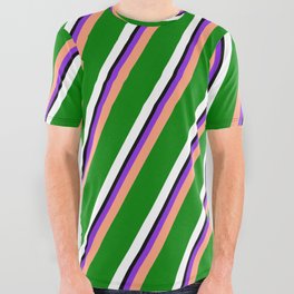 [ Thumbnail: Purple, Light Salmon, Green, White, and Black Colored Striped/Lined Pattern All Over Graphic Tee ]
