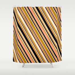[ Thumbnail: Bisque, Dark Goldenrod, Light Salmon & Black Colored Stripes/Lines Pattern Shower Curtain ]