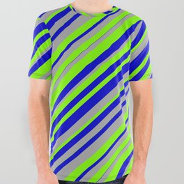 [ Thumbnail: Chartreuse, Blue, and Dark Gray Colored Lined Pattern All Over Graphic Tee ]