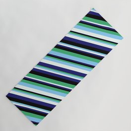 [ Thumbnail: Eye-catching Sea Green, Light Sky Blue, Mint Cream, Midnight Blue, and Black Colored Lined Pattern Yoga Mat ]
