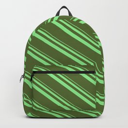 [ Thumbnail: Light Green and Dark Olive Green Colored Lined/Striped Pattern Backpack ]