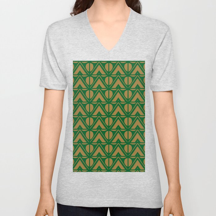 Green Sun & Mountains Abstract Retro V Neck T Shirt