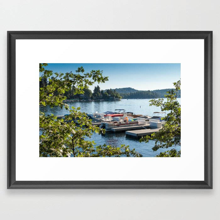 Overlooking a pier and boats on Lake Arrowhead, CA Framed Art Print