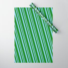 [ Thumbnail: Light Sky Blue & Green Colored Pattern of Stripes Wrapping Paper ]