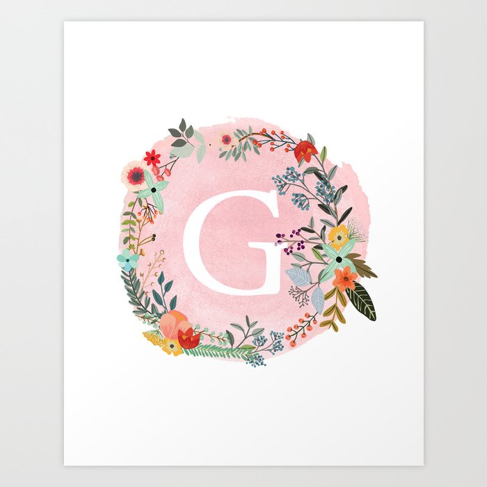 Flower Wreath With Personalized Monogram Initial Letter G On Pink Watercolor Paper Texture Artwork Art Print By Aba2life Society6