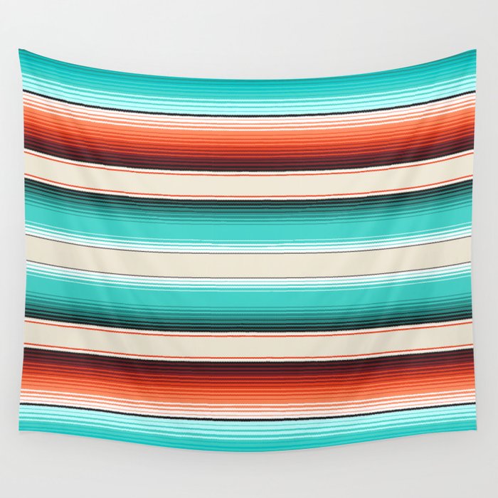 Navajo White Turquoise and Burnt Orange Southwest Serape Blanket Stripes Wall Tapestry