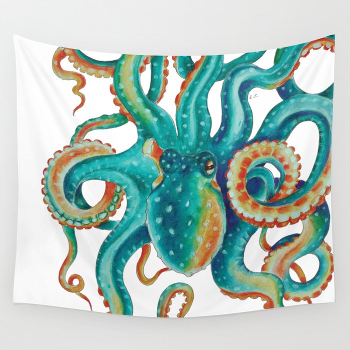 Octopus Tentacles Teal Green Watercolor Art Wall Tapestry