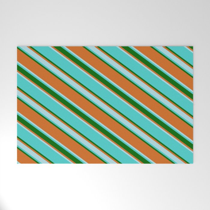 Turquoise, Dark Green, Chocolate & Powder Blue Colored Lines Pattern Welcome Mat