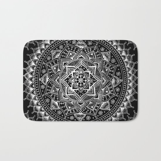 White Flower Mandala on Black Bath Mat