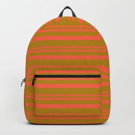 [ Thumbnail: Red and Dark Goldenrod Colored Lined/Striped Pattern Backpack ]