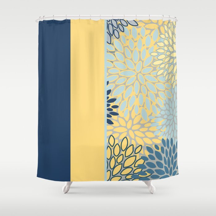 Modern, Color Block, Floral Prints, Blue and Yellow Shower Curtain