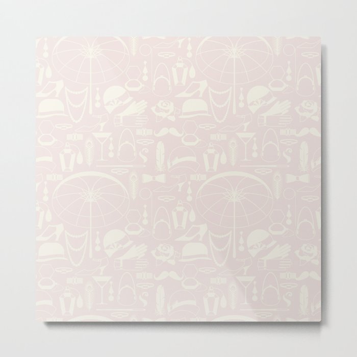 White Old-Fashioned 1920s Vintage Pattern on Pale Pink Metal Print