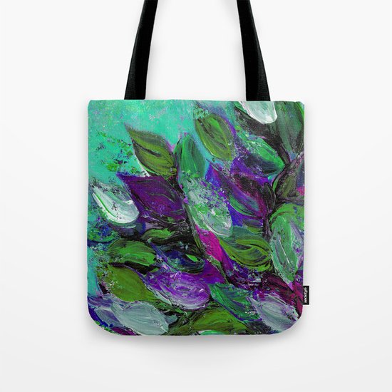 BLOOMING BEAUTIFUL 1 - Floral Painting Mint Green Seafoam Purple White Leaves Petals Summer Flowers Tote Bag