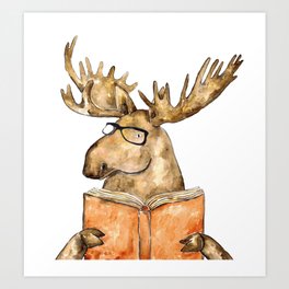 Moose reading book watercolor painting Art Print