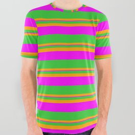 [ Thumbnail: Lime Green, Orange, and Fuchsia Colored Lined Pattern All Over Graphic Tee ]