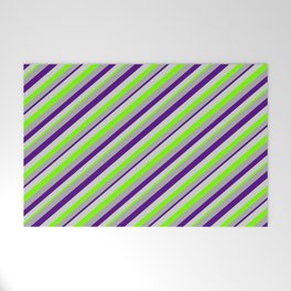 [ Thumbnail: Dark Grey, Indigo, Light Grey, and Green Colored Lines Pattern Welcome Mat ]