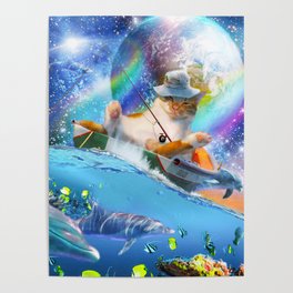 Rainbow Galaxy Space Cat Fishing On Ocean Boat Poster