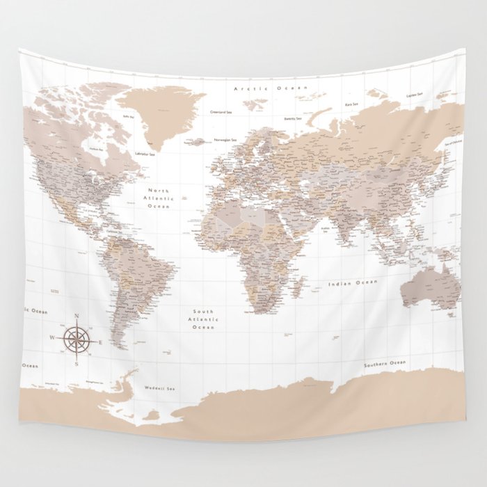 Highly detailed world map with Antarctica, Tilli Wall Tapestry