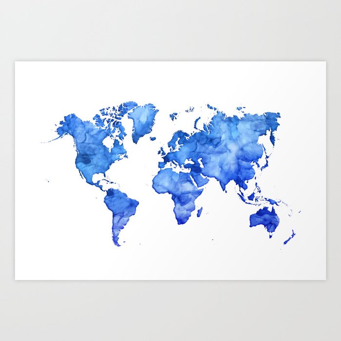 Cobalt blue watercolor world map Art Print