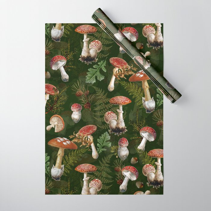 Vintage Dark Night Green Mushroom Forest Wrapping Paper by Vintage Love