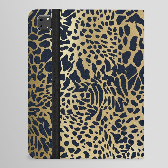 Leopard Print Pattern, Navy Blue and Gold iPad Folio Case