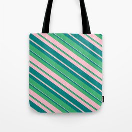 [ Thumbnail: Sea Green, Pink, and Teal Colored Stripes/Lines Pattern Tote Bag ]