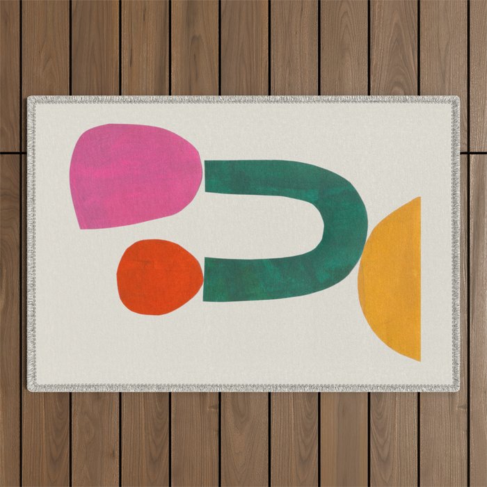 'Childhood' Midcentury Modern Minimalist Paper Collage Colourful Shapes Pattern by Ejaaz Haniff Outdoor Rug