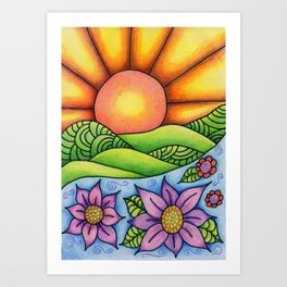 Sun Over Hills Stream and Flowers Art Print