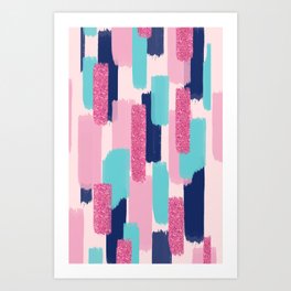 Navy and Pink Glitter Brush Strokes Art Print