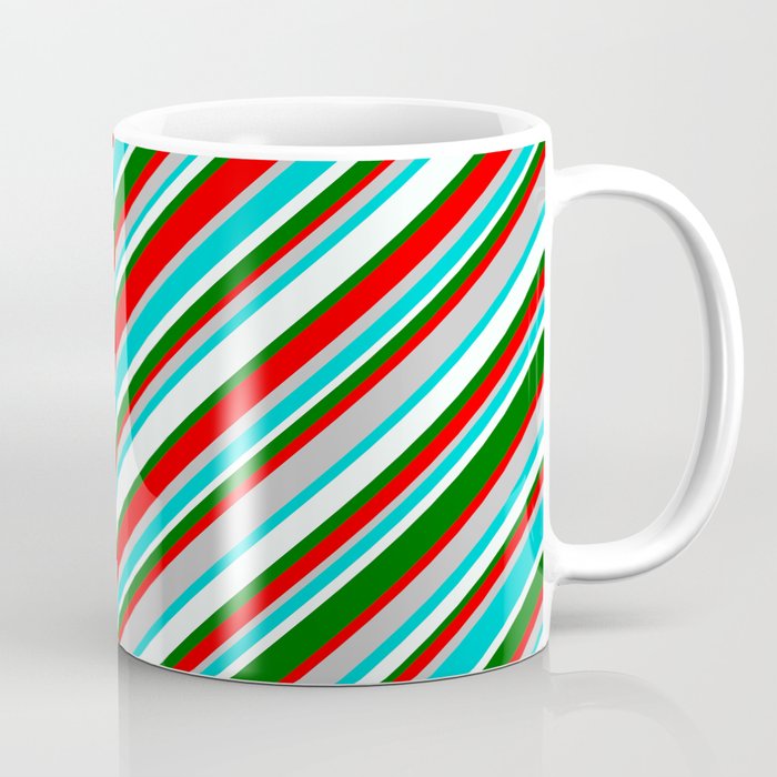 Vibrant Red, Grey, Dark Turquoise, Mint Cream, and Dark Green Colored Striped/Lined Pattern Coffee Mug