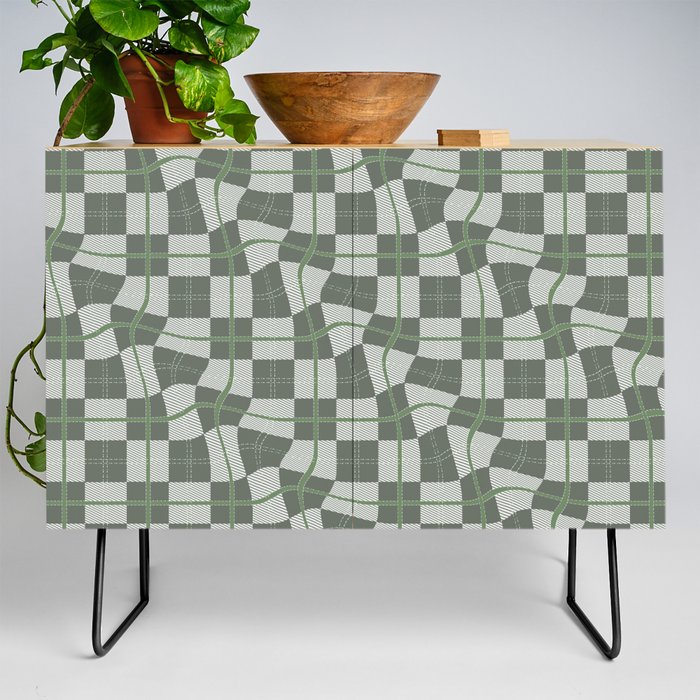 Warped Checkerboard Grid Illustration Green Gray Credenza