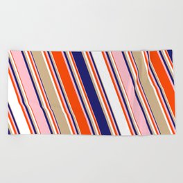 [ Thumbnail: Colorful Red, White, Tan, Midnight Blue, and Pink Colored Lines/Stripes Pattern Beach Towel ]