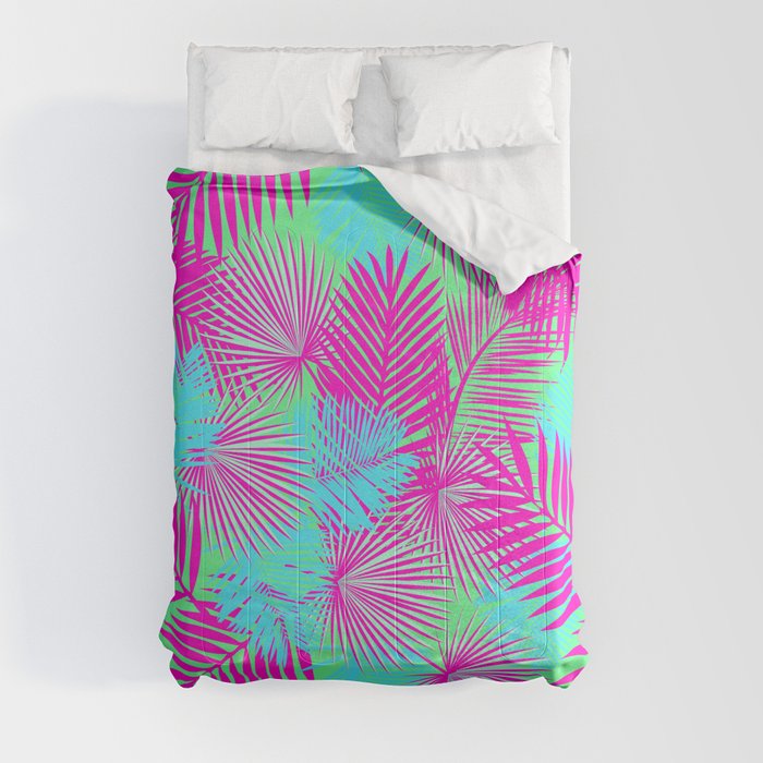 Neon Pink & Blue Tropical Print Comforter