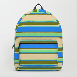 [ Thumbnail: Tan, Light Green, Blue, and Green Colored Lined/Striped Pattern Backpack ]