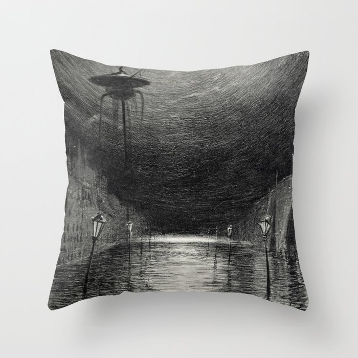 Alien invasion abandoned city streets - War of the Worlds vintage poster by Henrique Alvim Corrêa Throw Pillow