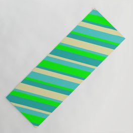 [ Thumbnail: Lime, Light Sea Green, Pale Goldenrod & Turquoise Colored Stripes/Lines Pattern Yoga Mat ]