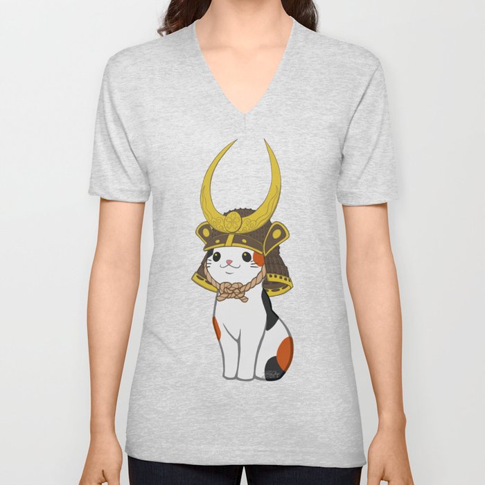 Japanese Bobtail Cat Wears Samurai Hat Unisex V-Ausschnitt Japanese Bobtail Cat Wears Samurai Hat Unisex V-Ausschnitt